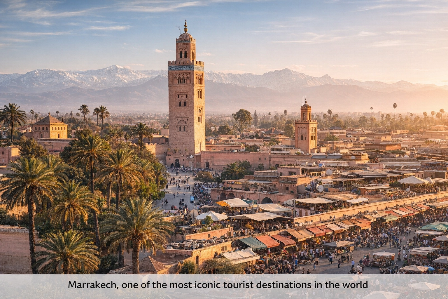 Marrakech city tourism view with traditional architecture and palm trees Morocco